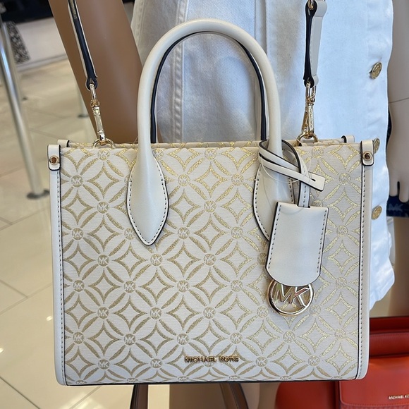 Michael Kors Mirella Small Metallic Logo Jacquard Crossbody Bag
Light Cream 
NWT - Picture 10 of 16